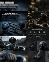 A promotional collage for the Kolga Bros Adventure Pro O mirrors, showing the black adjustable mirror arms and round mirrors in outdoor and studio-style scenes, with text callouts including thread compatibility and feature icons.