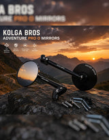 Kolga Bros Adventure Pro O mirrors shown mounted on a rock with a mountain sunset background, alongside mounting hardware. The image includes promotional text and icons for the mirrors.